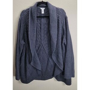 Pure‎ Jill Open Front Cable Knit Cardigan XL 100% Cotton Blue Textured Sweater